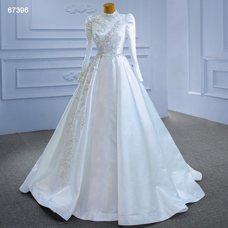 Ladies Bride Luxury Elegant Long Sleeve Pearl Sequin White Wedding Dress
