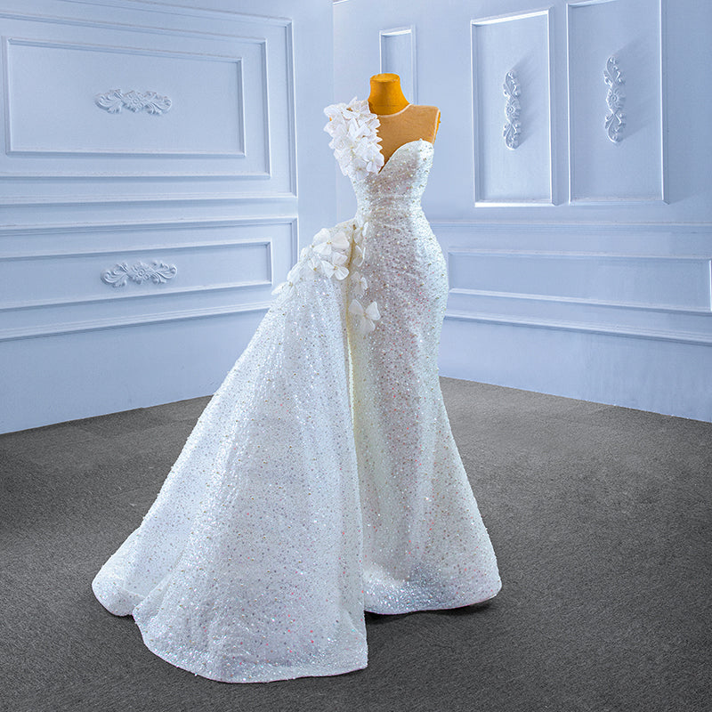 Lady Bride Elegant Embroidered Pearl Sleeveless Movable Tail Wedding Dress