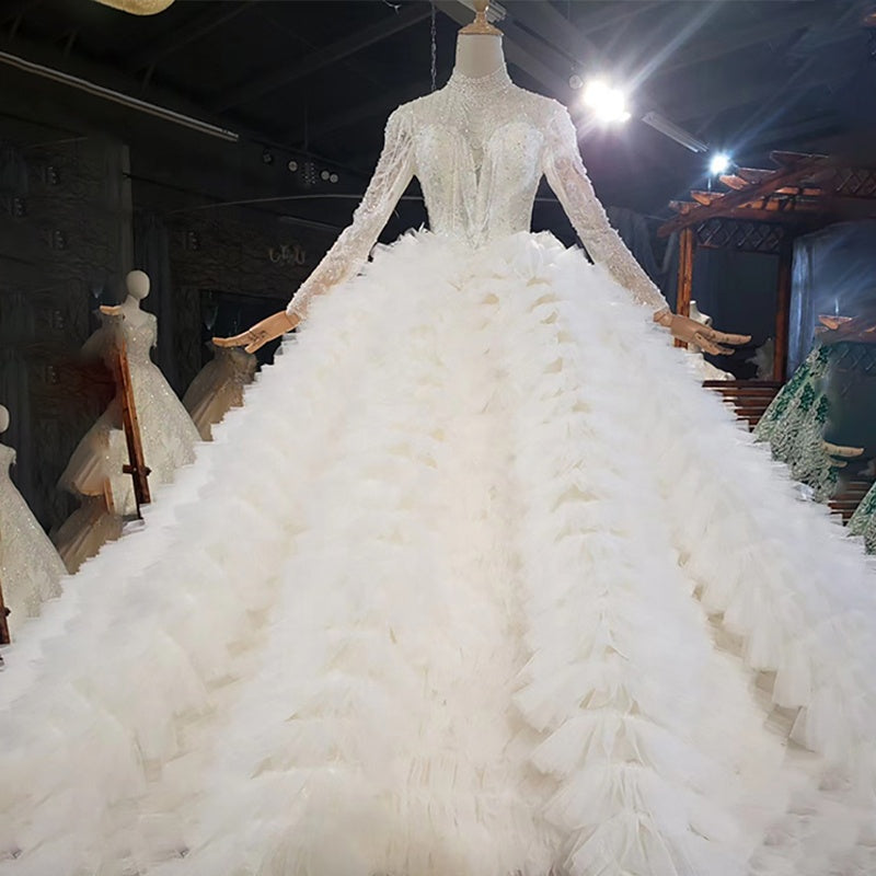 Beautiful High Neck Long Sleeve Sequined Wedding Gown Dress - Image 3