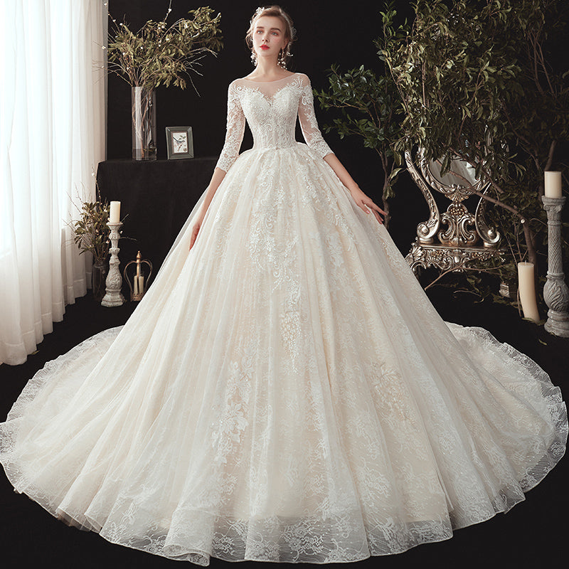 Chapel Train Sweetheart  Embroidery Beading Three Quarter Sleeve Wedding Dress