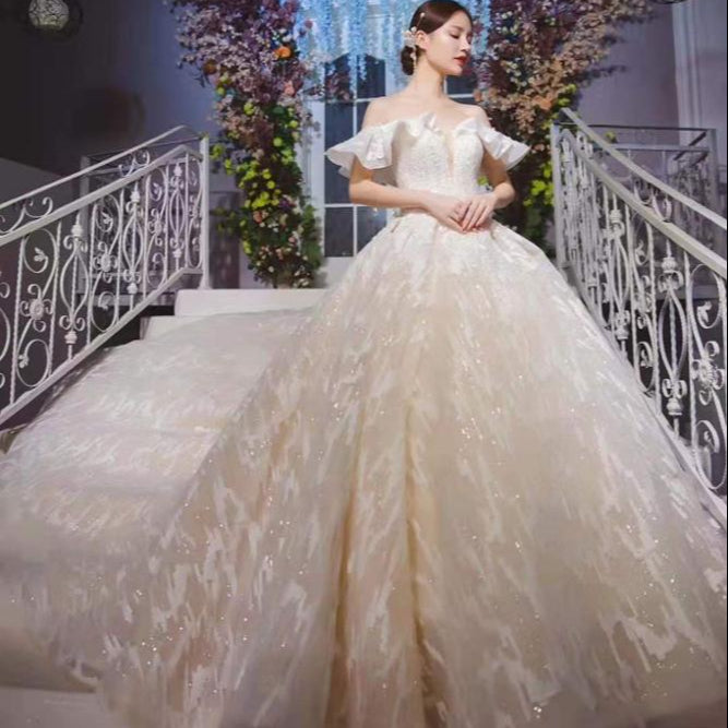 Real elegant off shoulder lace bridal gown wedding gown