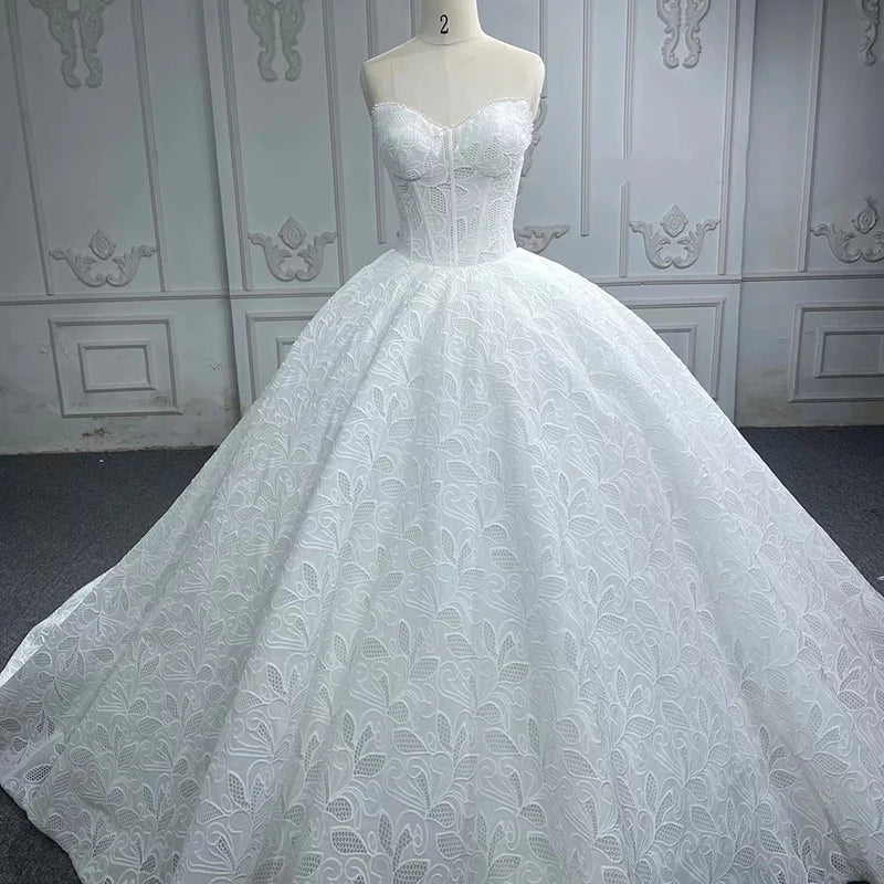 Modest Strapless Tulle Lace Fabric For Wedding Party Ball Gown Dresses
