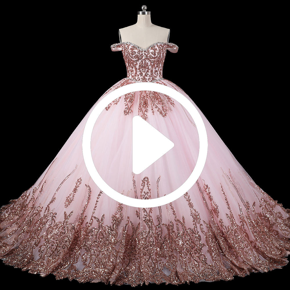 Elegant Pink Lace Embroidery Off Shoulder Party Prom Ball Gown Evening Quinceanera Dresses