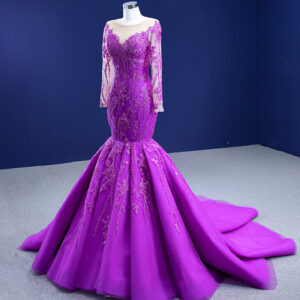 Ladies Elegant Sexy Long Sleeve Lace Embroidered Mermaid Evening Dress
