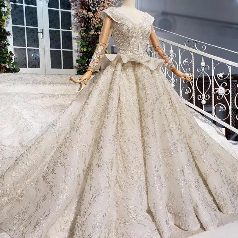 v neck long train heavy beaded wedding dress ball gown wedding dresses