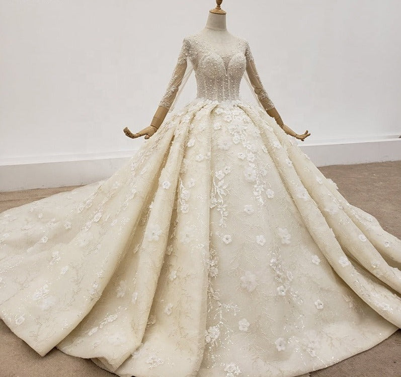 Long Sleeve Elegant Boho 3D Flowers Luxury Wedding Dress