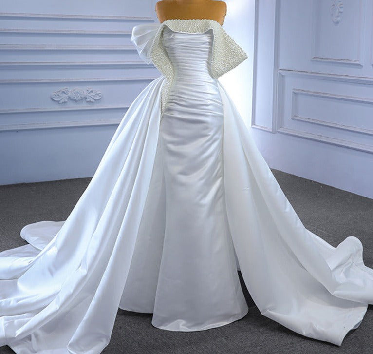Ivory Satin Sequins Off Shoulder Mermaid Wedding Dresses With Tail