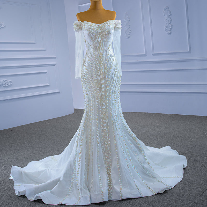 Ladies White Fashion Lace Beaded Mermaid Bridal Wedding Dress - Image 7
