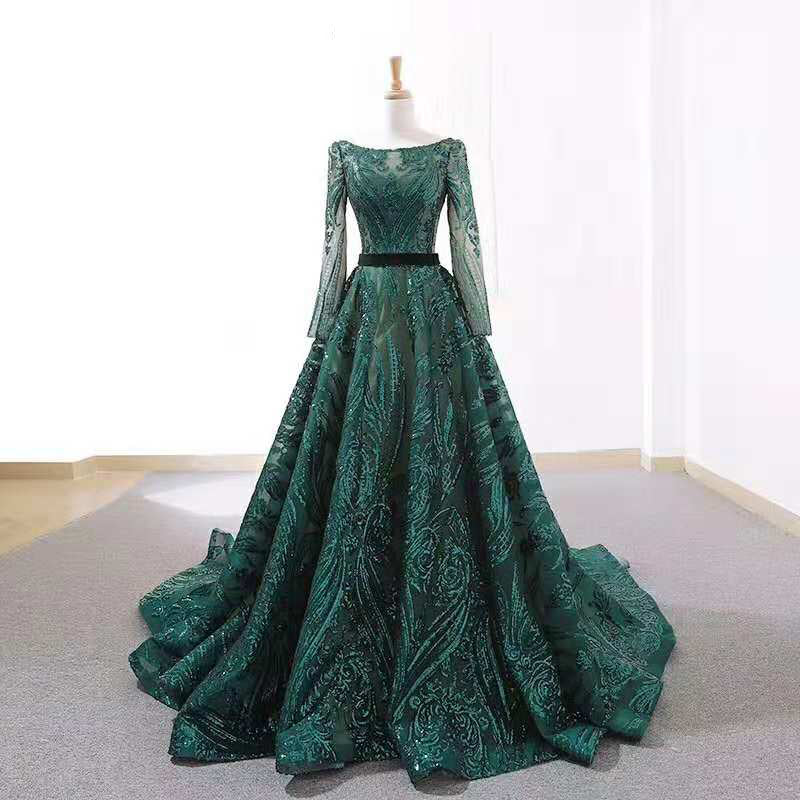 o neck long sleeves applique pattern v back with belt real elegant wholesale evening dress