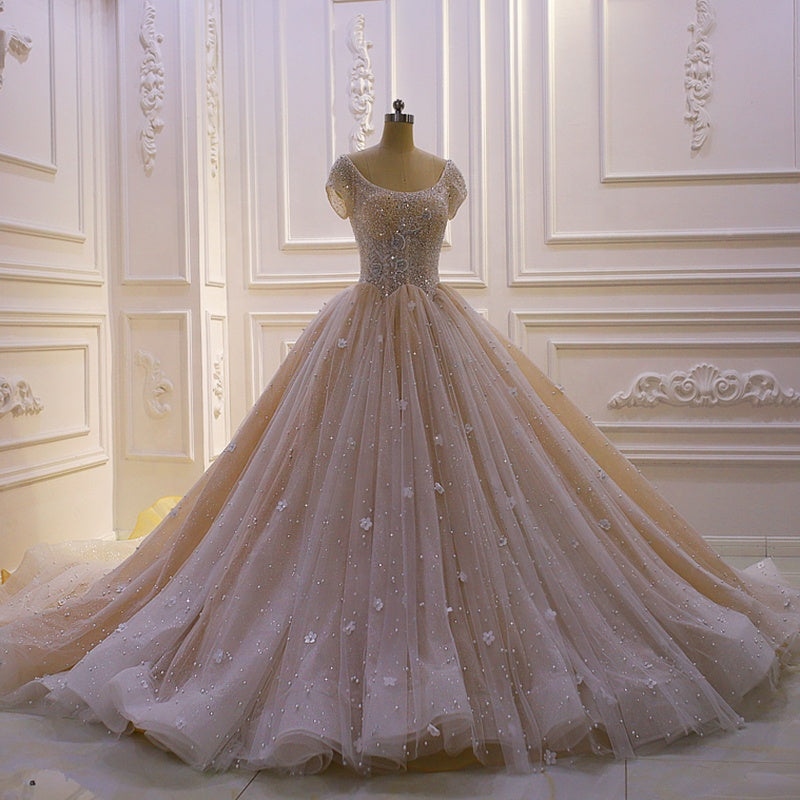 Wedding Dress Latest Design Short Sleeve Embroidered Pearl Gauze Ladies Dress