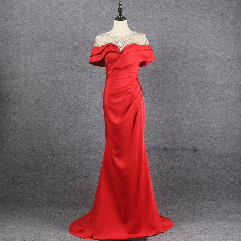 High Quality Elegant Beaded Tube Top Cross Red Mermaid Evening Dress