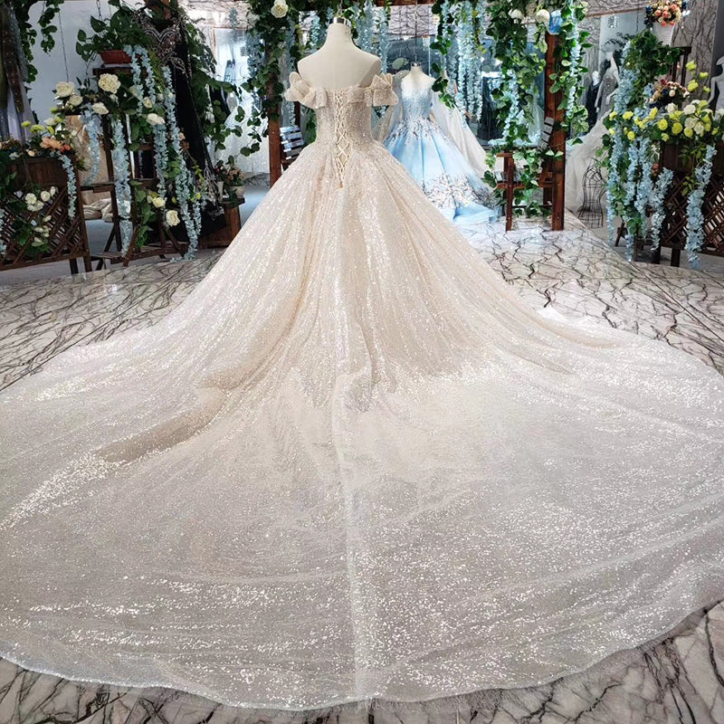 elegant lace bridal off shoulder wedding dress ball gown long train - Image 4