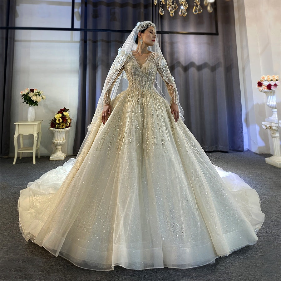 Shining Long Sleeve Ball Gown Backless Sequin Wedding Dress