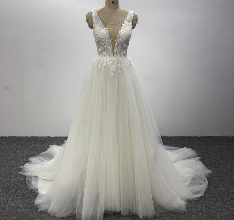 Ladies Formal Lace Deep V Beach Fashion Summer Wedding Bridal Dress - Image 3