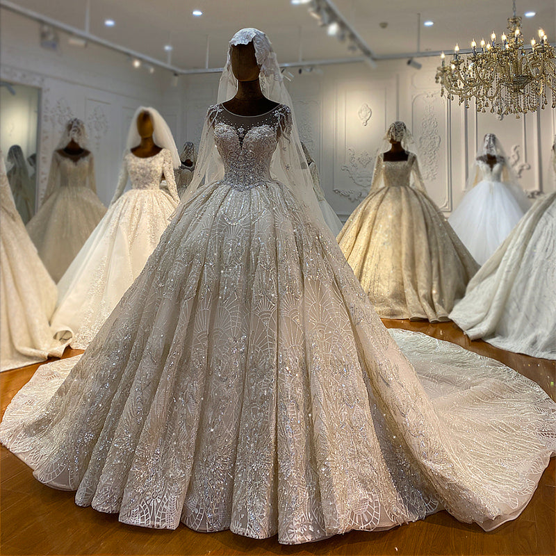 Luxury Shiny Long Sleeve Lace Embroidered Pearl Sequins Bridal Princess Wedding Dress