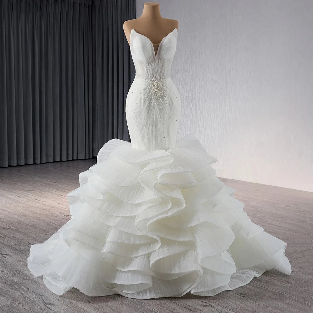 Elegant Mermaid Wedding Dresses Off Shoulder V-Neck Puffy Train Bridal Gowns - Image 4