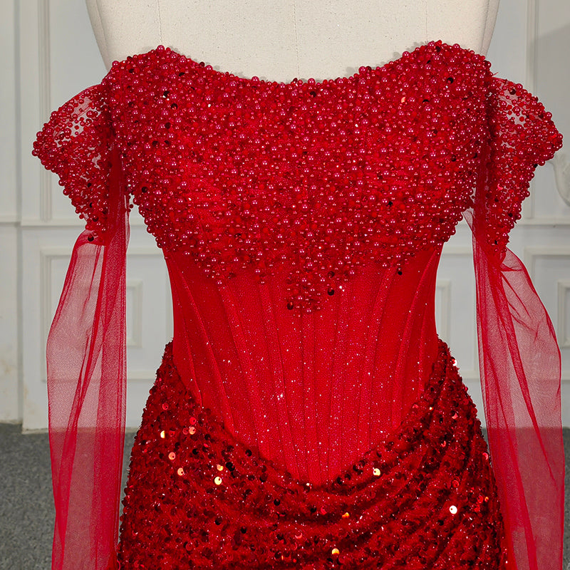 Illusion Lace Sequins Red Mermaid Party Gowns Evening Dresses - Image 5