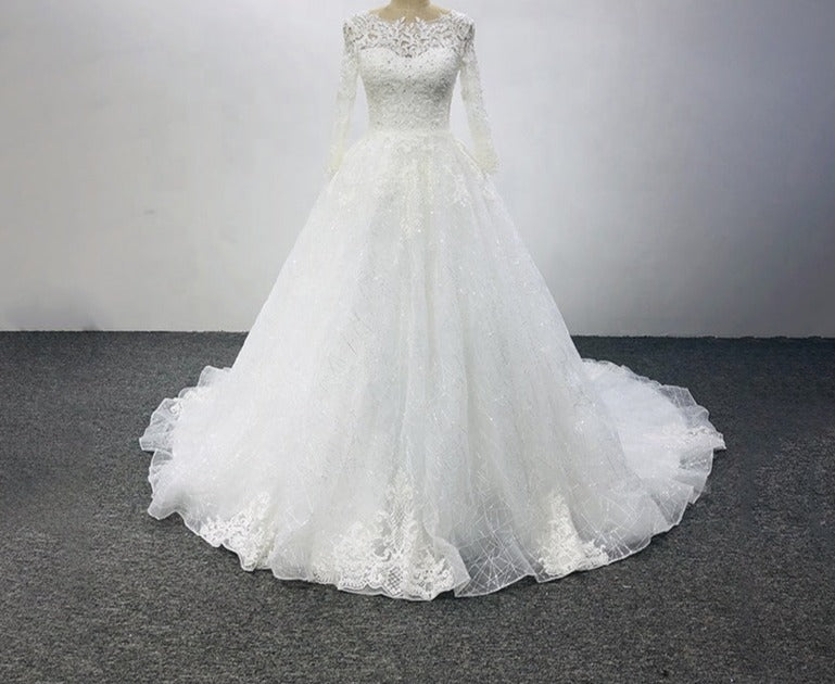 Fashion Luxury Long Sleeve Embroidered Diamond White Bridal Wedding Dress
