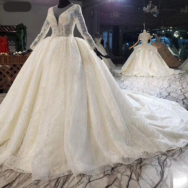 High Quality Luxury Long Sleeve Beading Bride Wedding Dress