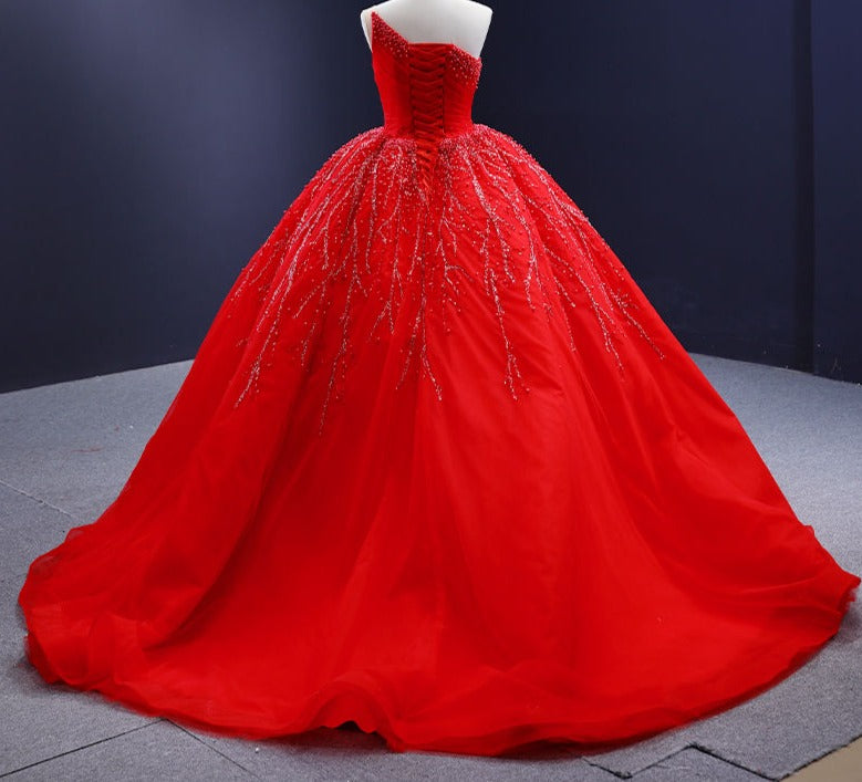 Sequins One Shoulder Lace Ball Gown Evening Party Dresses - Image 4