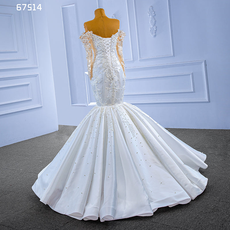 2022 Luxury Newest Design Tube Top Long Sleeve Satin Vintage Beaded Mermaid Bridal Wedding Dress - Image 6
