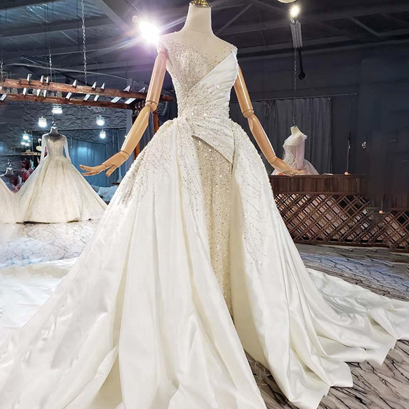 Champagne Mermaid Bridal Beading Detachable Train Wedding Dress