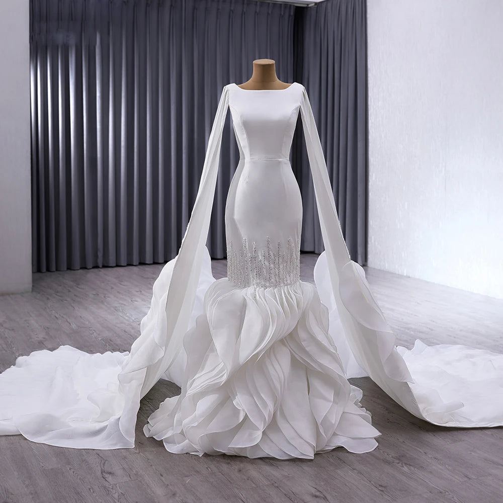 Elegant Vintage Mermaid Crystal Beading Ruffle Formal Occasion Wedding Prom Dress satin Evening Party Gowns