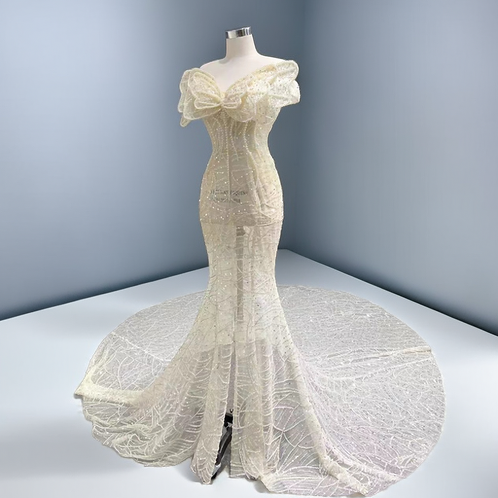 Mermaid Bowknot Wedding Dress With Beaded Sequins And Strap See-Through Wedding Dress - Image 2