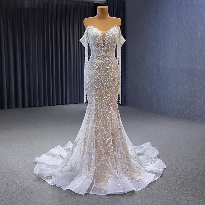 Ivory Crystals Off The Shoulder Full Sleeves Beading Wedding Dress Mermaids