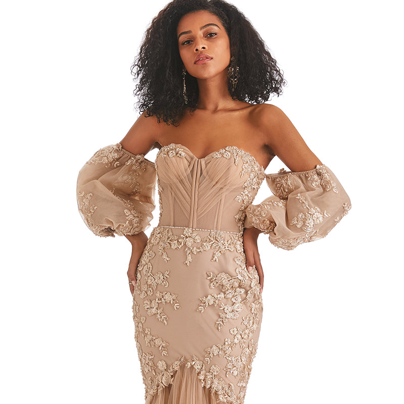Latest Design Boho Dresses Long Women Lace Beaded Slim Fit Plain Evening Dresses - Image 4