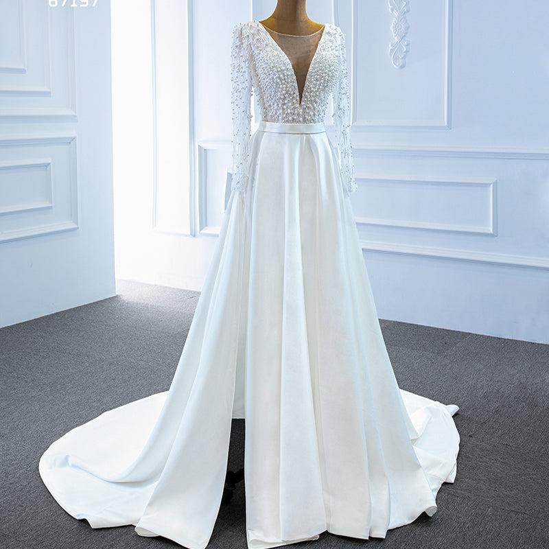 Long Sleeve Full Pearls Princess Ball Gown Wedding Dress - Image 4