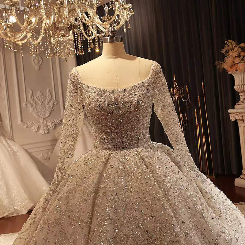 Elegant Bridal Wedding Dress Long Sleeve Square Neck Beaded Sequin Long Tail Wedding Dress For Women - Image 3