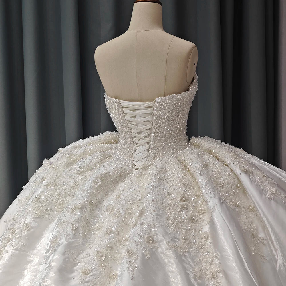 Dress Satin pearl Crystal Sweetheart Neck Women Ball Gown Lace Appliques Gowns - Image 3