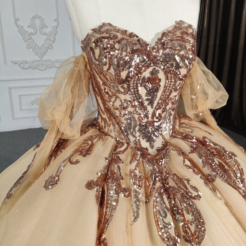 Gold Lace Sequins Prom Ball Gown Bridal Party Evening Sweetheart Dress