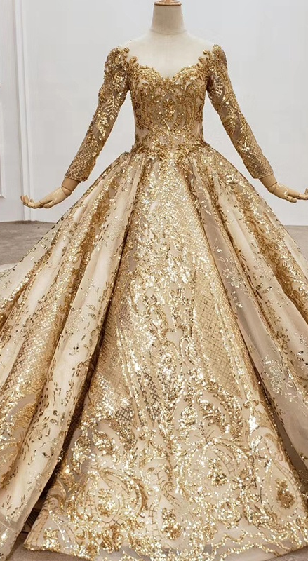 High Quality Gold Designer Luxury Long Sleeve Sequin Wedding Dress - Image 2