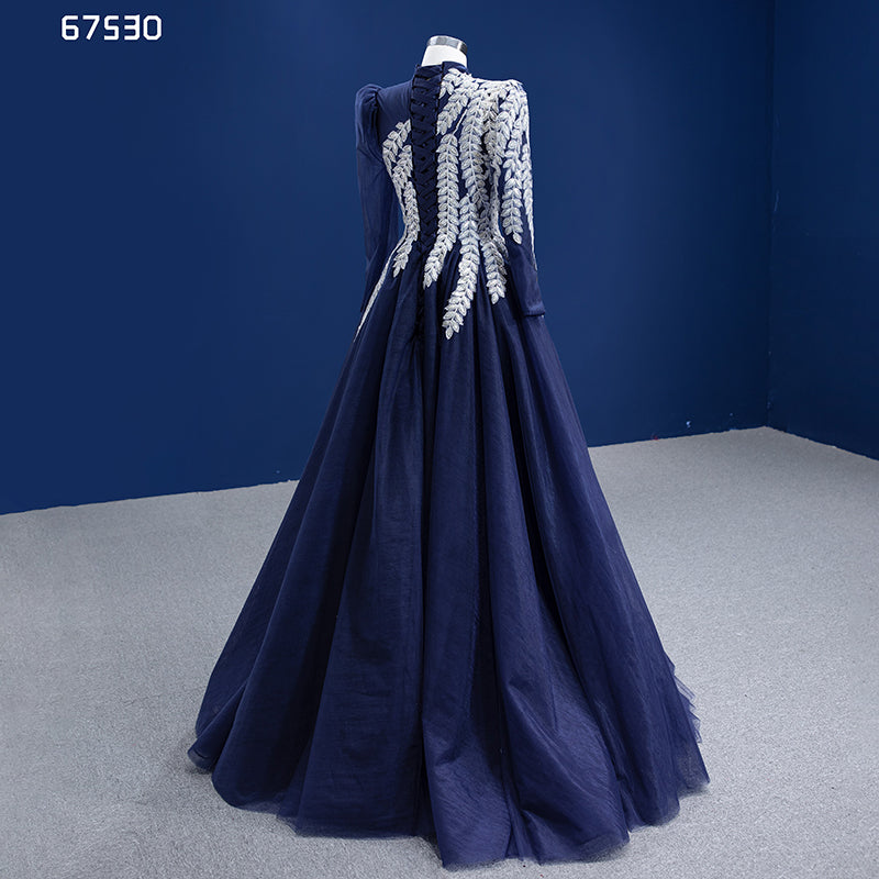 Latest Design High Quality Lace Feather Embroidered Long Sleeve Turtleneck Vintage Evening Dress - Image 5