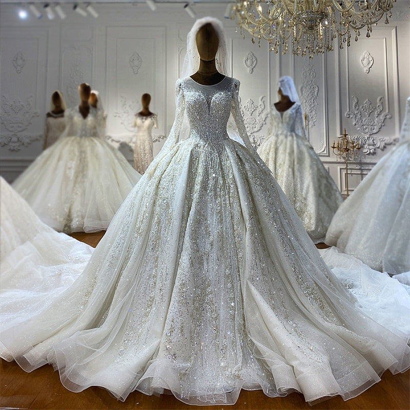Heavy Beaded Long Sleeve Luxury  Ball Gown Bridal Wedding Dress For Women
