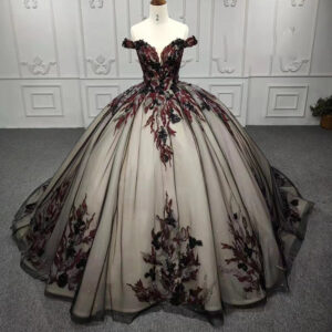 Custom Made Black Gauze Off The Shoulder Shimmer Applique Ball Gown