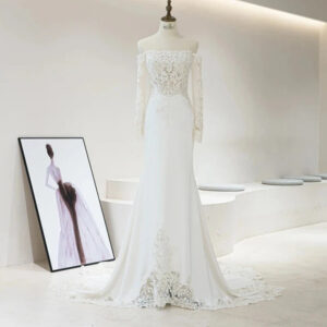 Beach Off Shoulder Boat Neck Lace Fabric Mermaid Wedding Dresses