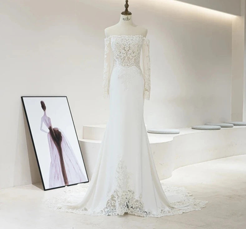 Beach Off Shoulder Boat Neck Lace Fabric Mermaid Wedding Dresses