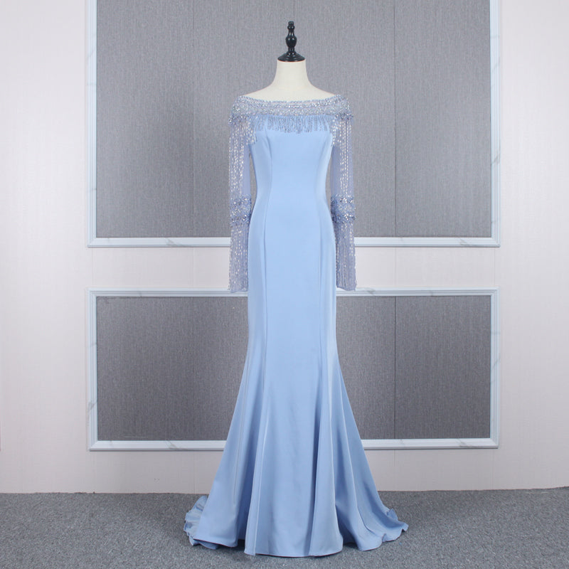 Ladies New Elegant Strapless Fringed Sequined Blue Mermaid Evening Dress - Image 4
