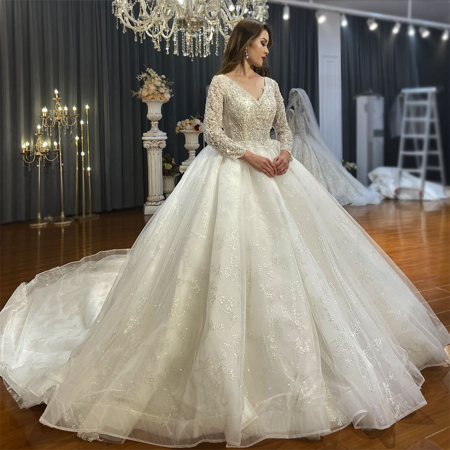 Ivory Luxury Lace Sequins Long Sleeve Bridal Dresses Wedding