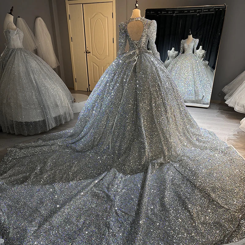 Elegant Ball Gown Long Sleeve Sweet Dresses Puffy Sliver Glitter Wedding Dress - Image 5