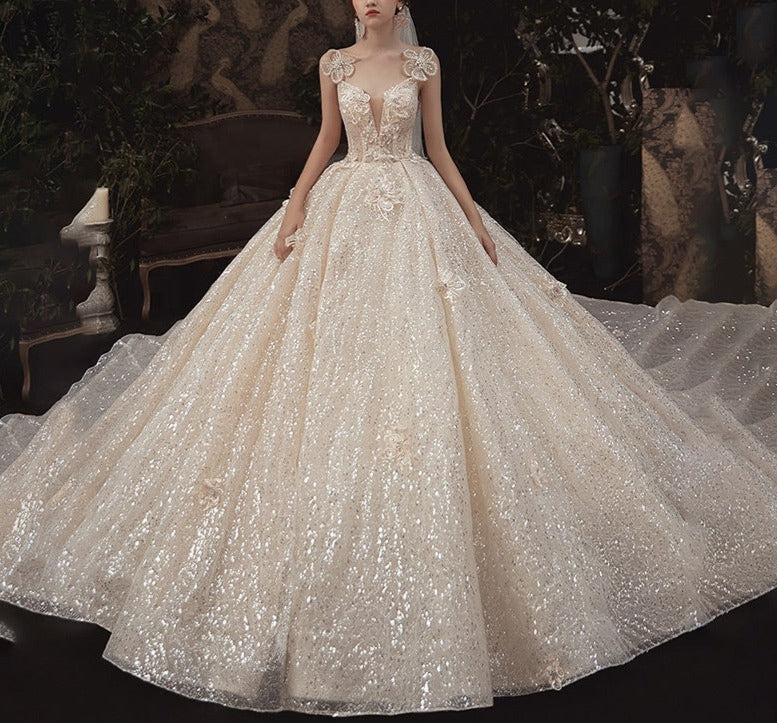 Deep V Princess Beading Sequin Sleeveless Bridal Dress Wedding Gown
