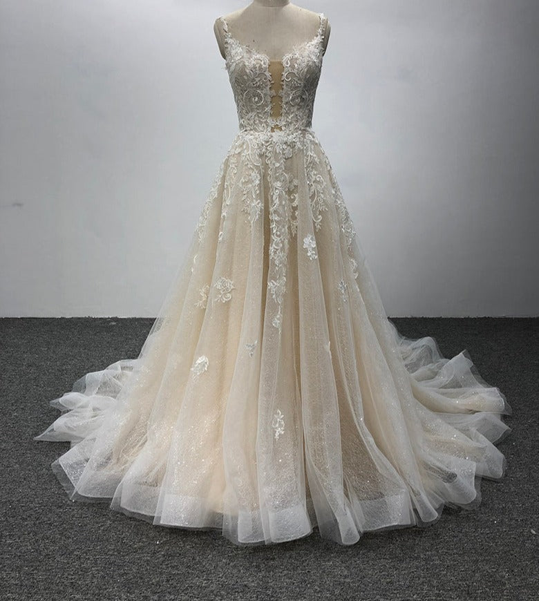 Fashion Luxury Lace Embroidered Rose Golden Princess Wedding Dress