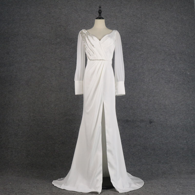 Long Sleeve V Neck White Lady Dresses Women Party Long Split Evening Dress