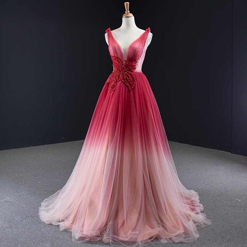 Spaghetti Strap V Neck Backless Lace Applique Crystal Formal Dresses