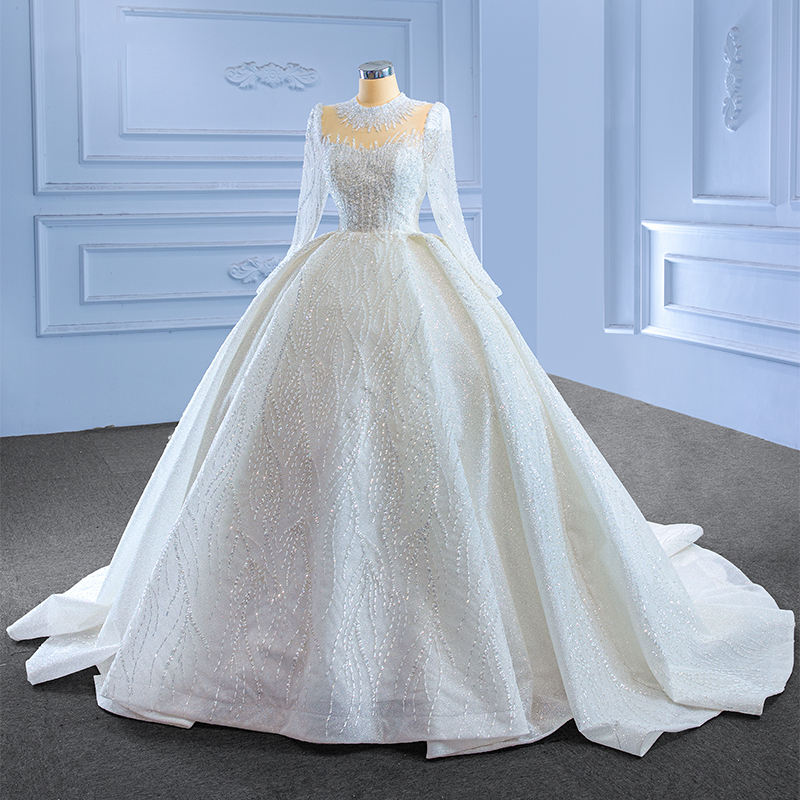 Long Sleeve Bridal Wedding Dress Backless With Beads Long Tail Ball Gown