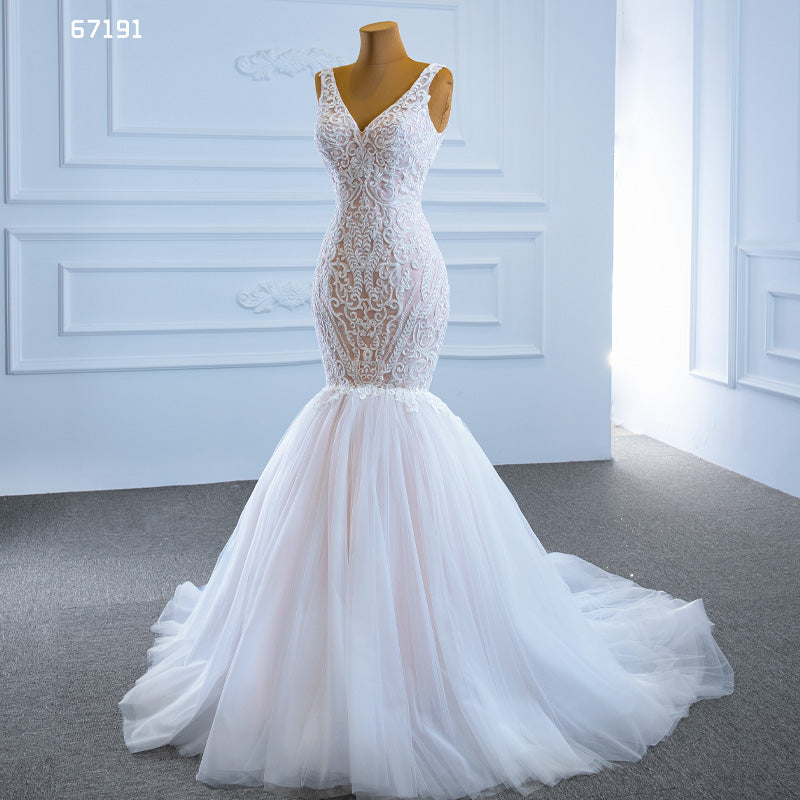 Deep V Neck Lace Applique Elegant Mermaid Women Wedding Dress