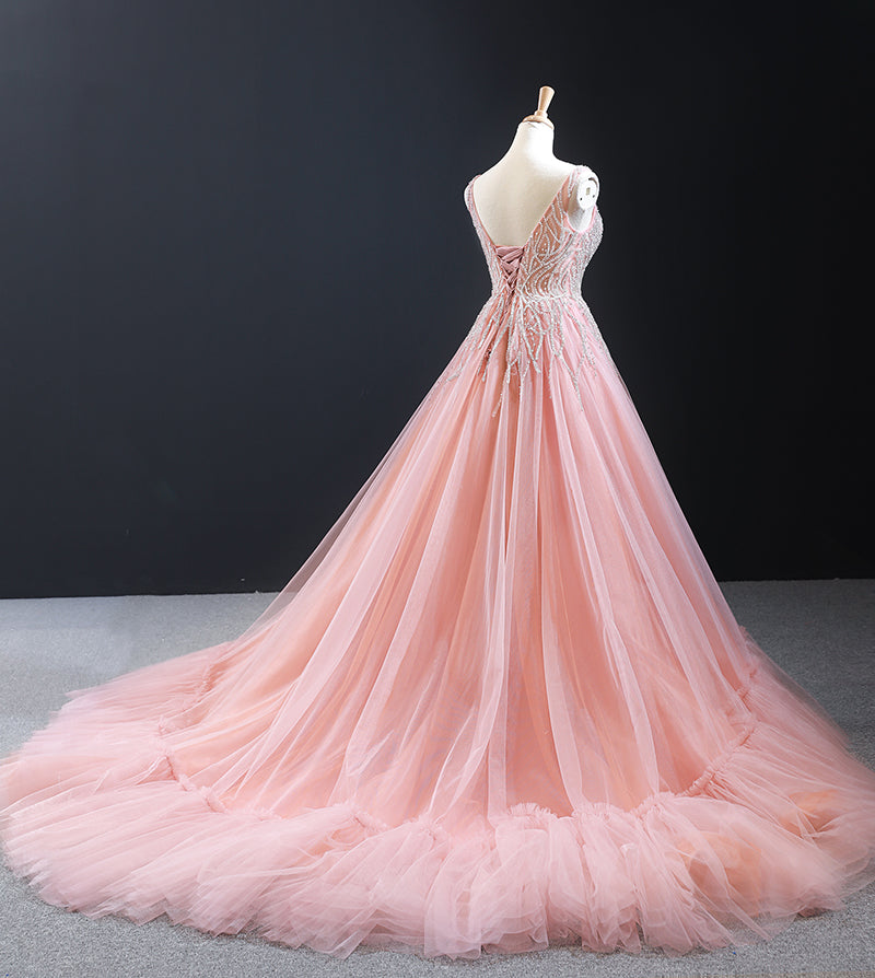 high quality pink long train lace sexy evening dresses - Image 4